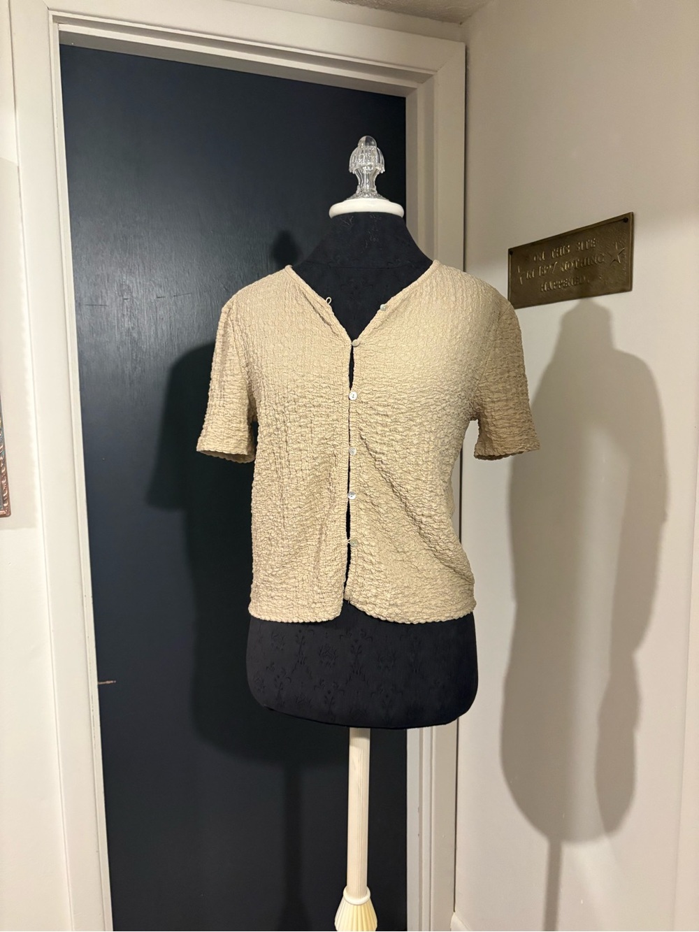 Mango Beige Textured Short-Sleeve Button Cardigan with Mother of Pearl Buttons